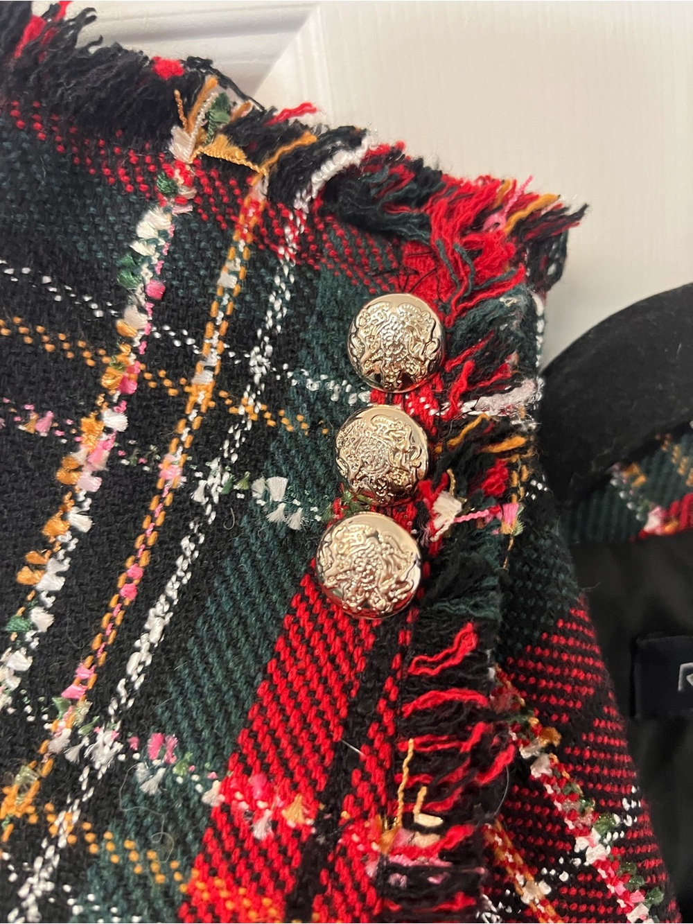 Rachel Zoe Red and Black Plaid Fringe Tweed Double-Breasted Blazer - Picture 2 of 7